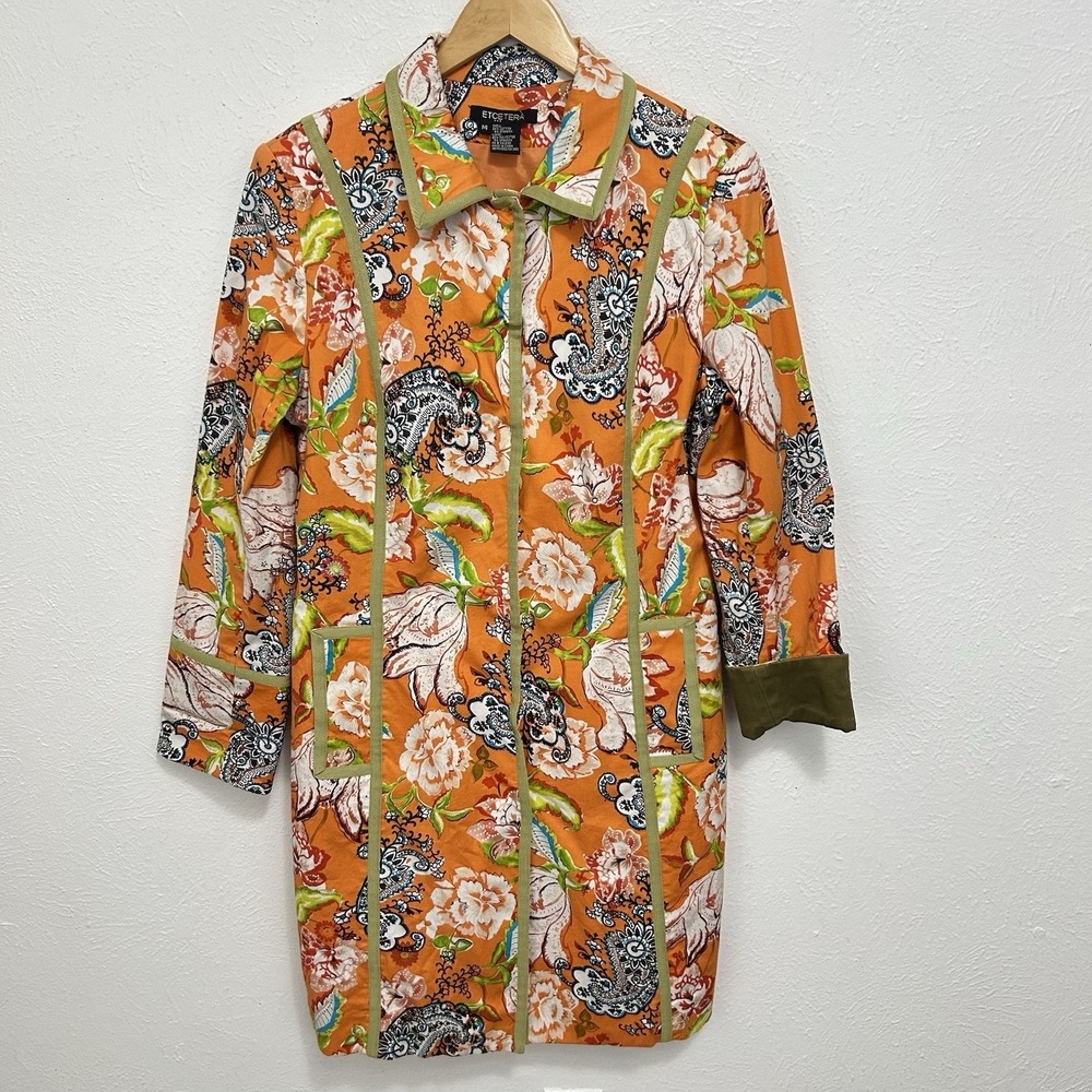 Etcetera Colorful Orange Floral Cotton Overcoat Button Long Sleeve Size 14 Boho‎